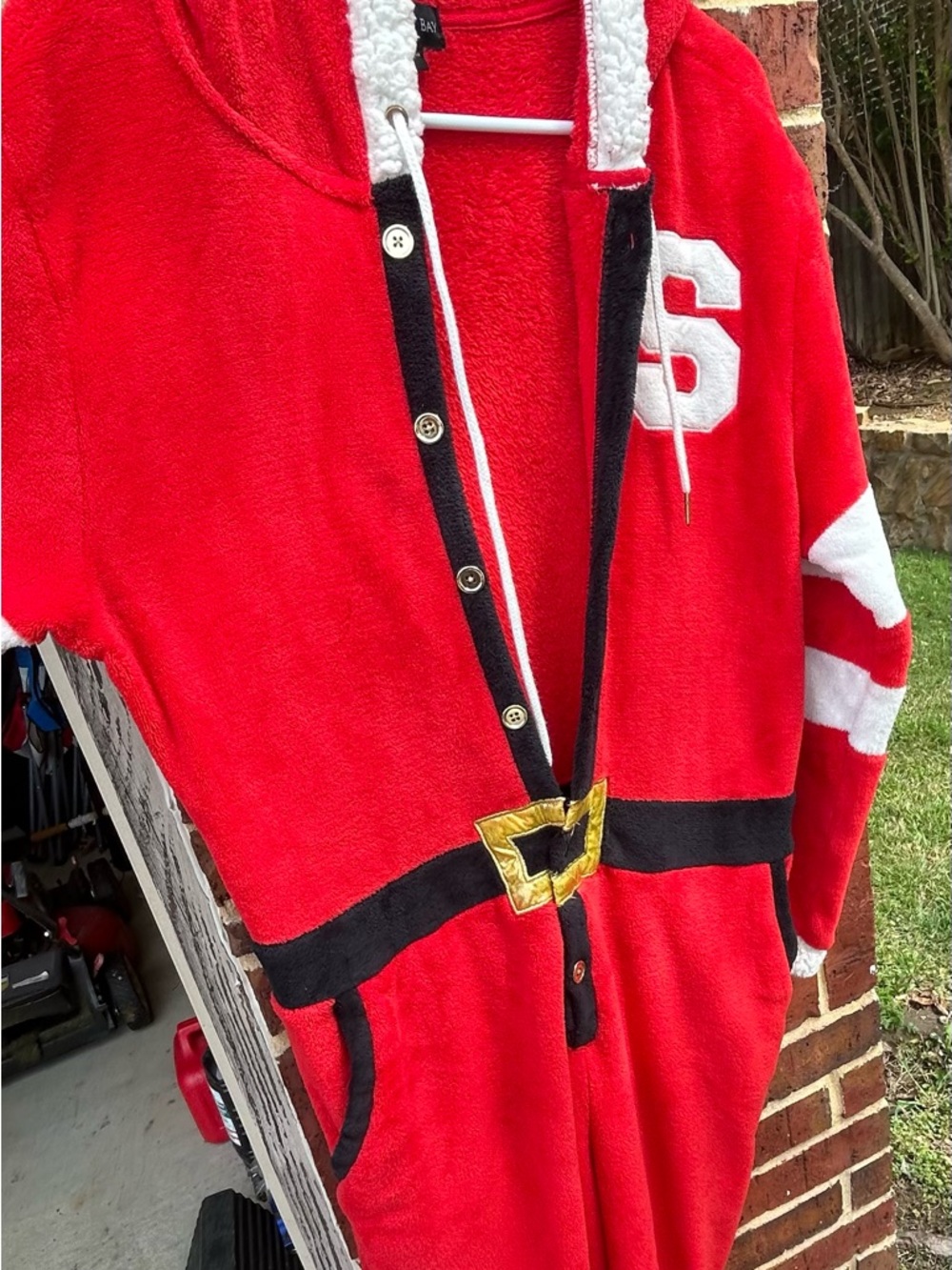 Mens Red Holiday Santa and Elf Inspired Hooded onsie